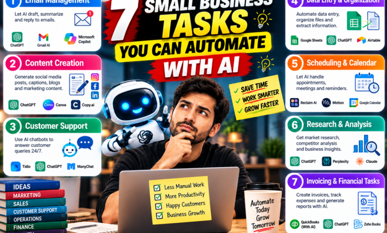automate small business tasks with AI | Small business owner using AI tools to save time