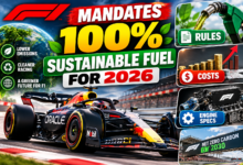 Formula 1 car testing on track running on 100 percent sustainable fuel 2026