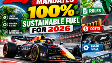 Formula 1 car testing on track running on 100 percent sustainable fuel 2026