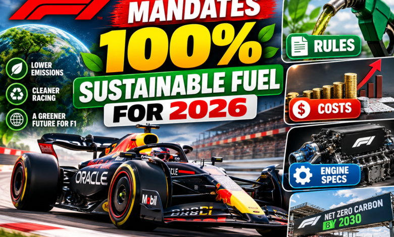 Formula 1 car testing on track running on 100 percent sustainable fuel 2026