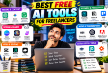 Freelancer using free AI tools on a laptop,Best Free AI Tools for Freelancers
