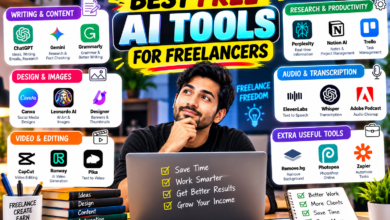 Freelancer using free AI tools on a laptop,Best Free AI Tools for Freelancers