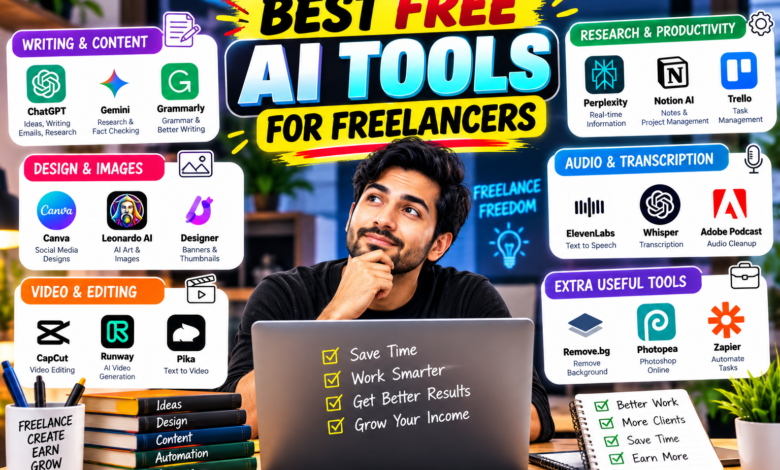 Freelancer using free AI tools on a laptop,Best Free AI Tools for Freelancers