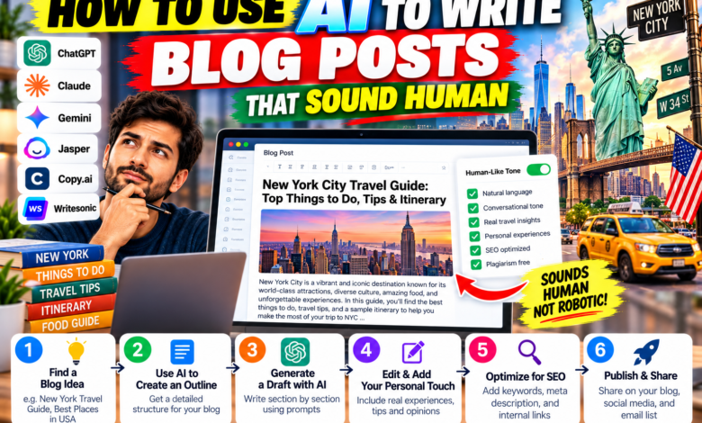 How to Use AI to Write Blog Posts That Sound Human Blogger editing an AI-written draft on a laptop