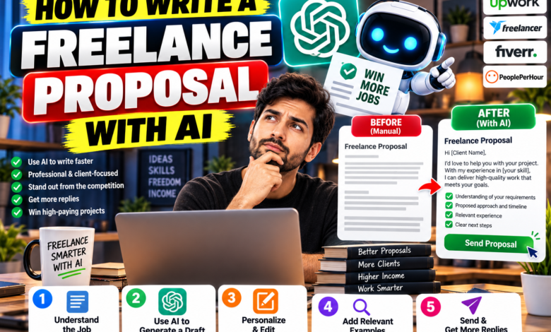 How to Write a Freelance Proposal with AI :Freelancer writing a client proposal on a laptop